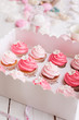 cupcake packaging delivery box vanilla cupcakes with pink and white cream 