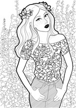Black And White Vector Beautiful Fashionable Woman In Jeans On The Background Of Blooming Mallow