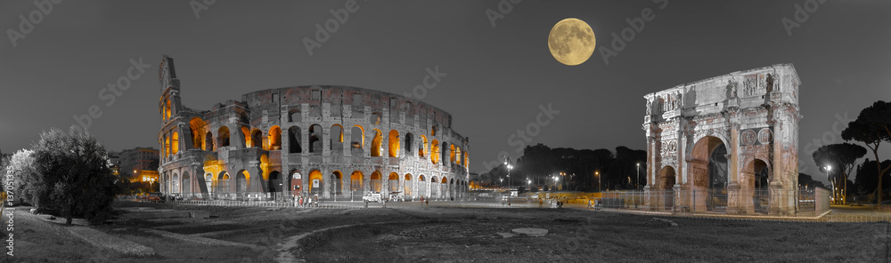 Rom Colosseum und  Konstantinsbogen sw col Panorama - obrazy, fototapety, plakaty 