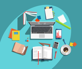 Workplace vector illustration. E- learning education concept. Laptop, notebook, tablet and various office supplies on the table. View from above.