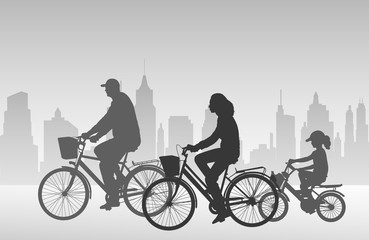 Poster - family riding bicycles silhouettes - vector