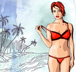 Wall Mural - Beauty woman on ocean palm trees beach, hand drawn. Watercolor paper background. Vector image