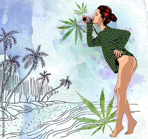 Fototapeta na wymiar Beauty woman on ocean palm trees beach, hand drawn. Watercolor paper background. Vector image