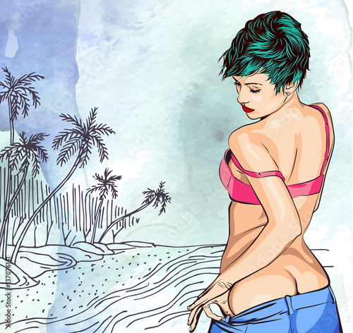 piekno-kobieta-na-ocean-drzewek-palmowych-plazy-reka-rysujaca-tlo-akwarela-grafika-wektorowa
