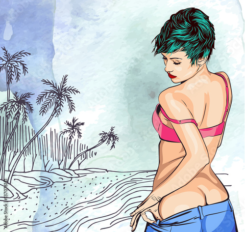 Obraz w ramie Beauty woman on ocean palm trees beach, hand drawn. Watercolor paper background. Vector image