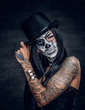 A Woman With Painted Skull Face.