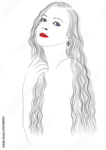 Graphic Portrait Of A Girl With Long Wavy Hair Vector Buy This