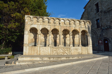 Fontana Fraterna, ancient and famous all in stone fountain, historic center of Isernia, Molise, Italy