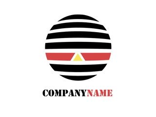 Company logo. Circle from black and white lines with yellow triangle on red line. Business strict style.