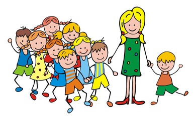 Wall Mural - The teacher with the children on a walk. Vector illustration.