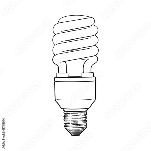 Fluorescent, energy saving, spiral light bulb, side view, sketch style