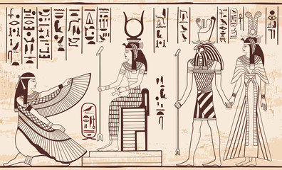 Vector illustration of Egyptian national drawing. Image of gods ornament hieroglyphs.