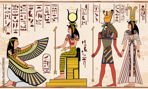 Obraz Egipt  ilustracja-wektorowa-egipskiego-rysunku-krajowego-obraz-hieroglifow-ornament-bogow
