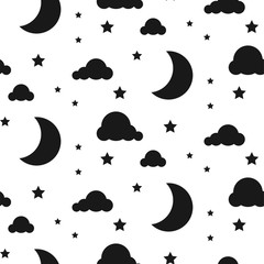 Wall Mural - Black and white background. Starlight moon night seamless kid vector pattern. Monochrome toddler style textile fabric cartoon scandinavian ornament.