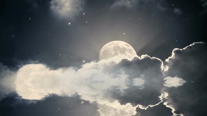 Wall Mural - starry night sky with clouds and full moon. water reflection effect