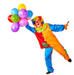 © Gennadiy Poznyakov - Birthday child clown with balloons bunch on isolated. Events organizer man is standing on one leg on white background.