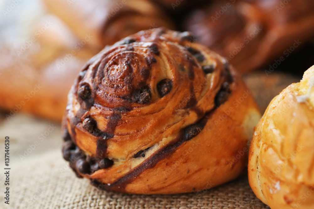 Fresh tasty bun, closeup