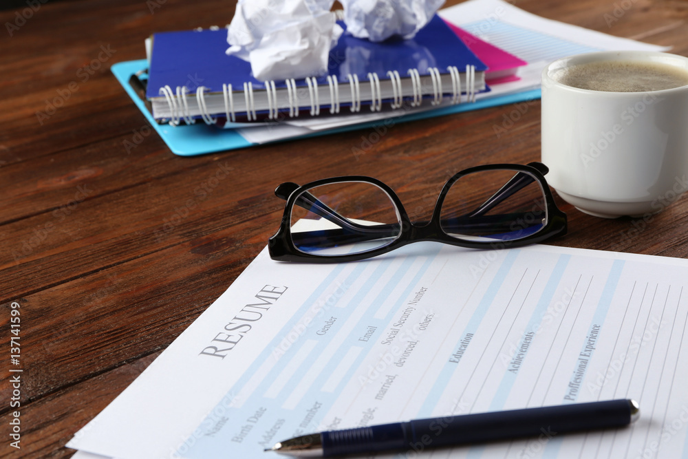 Blank resume form on office table