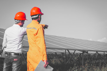 Wall Mural - engineer working on checking and maintenance equipment at industry solar power; engineer and technician discuss to  find problem of solar panel