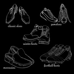 Wall Mural - Set hand drawn graphic Men Footwear on black background. Casual and sport style for man. Shoes for all seasons. Doodle Design isolated object for logo.