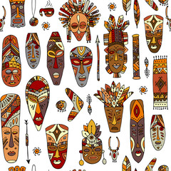 Poster - Tribal mask ethnic, seamless pattern, sketch for your design