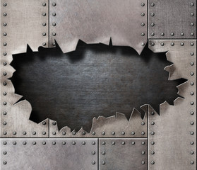 Wall Mural - damaged metal armor with torn hole background