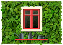 Vector Flat Illustration About Spring, Home Garden, Ecology, Vertical, Landscaping. Green Wall With Plant And Red Window. Shelf With Metal Watering Cans Outside.