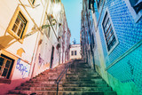 Fototapeta Uliczki - Street and staircase in Lisbon, Portugal - color filter