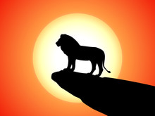 Vector Black Silhouette Lion On Rock Cliff Sunset