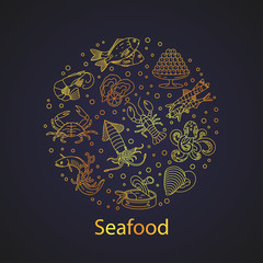 Seafood vector card with symbols of various delicacies