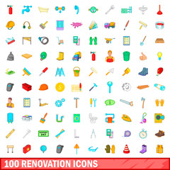 Poster - 100 renovation icons set, cartoon style