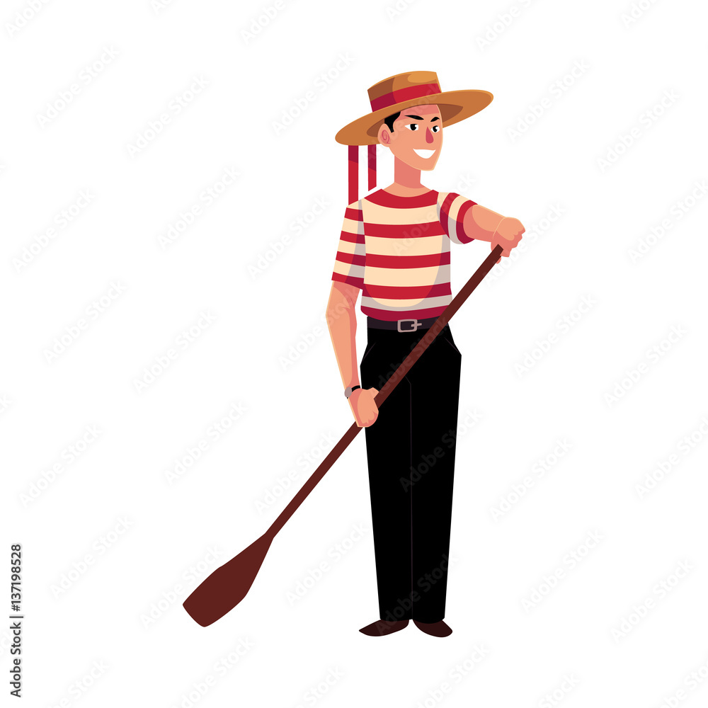 Full length portrait of young Italian, Venetian gondolier in typical clothes, cartoon vector illustration isolated on white background. Italian gondolier in traditional clothing, tourist attraction - obrazy, fototapety, plakaty 