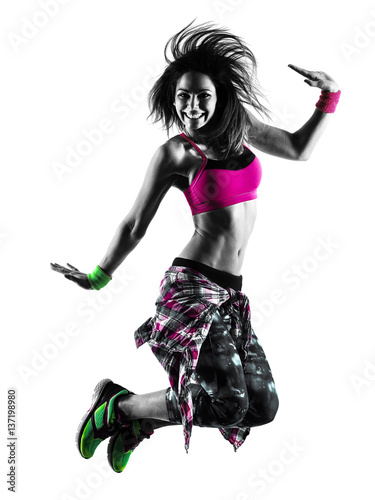 Obraz w ramie one caucasian woman zumba fitness exercises dancer dancing isolated in silhouette on white background