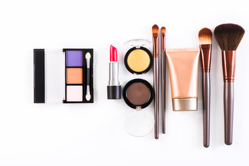 Poster - Makeup cosmetics tools and essentials, flat lay on white background