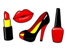 Red Kiss Lips, Nail Polish, Lipstick. Women's Shoe, High Heel. Girl Make Up. Cool Sexy Concept. Elegant Fashion Style. Vector Cartoon Elements Isolated On White. Stikers Kit, Set Of Icon, Patch Badge