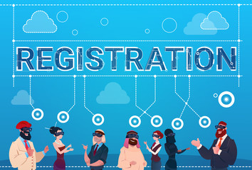 Poster - Mix Race People Group Wear Digital Reality Glasses Registration Log In Concept Flat Vector Illustration