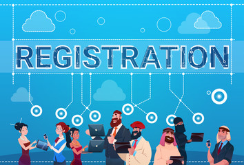 Poster - Mix Race People Group Using Gadgets Registration Log In Concept Flat Vector Illustration
