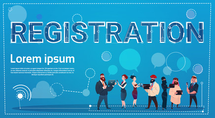 Poster - Mix Race People Group Using Gadgets Registration Log In Concept Flat Vector Illustration