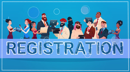 Poster - Mix Race People Group Using Gadgets Registration Log In Concept Flat Vector Illustration
