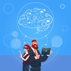 Poster - business man and woman wear digital reality glasses brainstorming briefing idea concept flat vector 