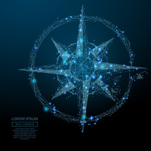 Abstract Image Of A Compass Rose In The Form Of A Starry Sky Or Space, Consisting Of Points, Lines, And Shapes In The Form Of Planets, Stars And The Universe. Vector Business Wireframe Concept.