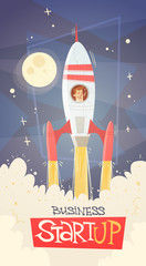 Poster - rocket fly sky business man startup success concept flat vector illustration