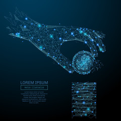 Poster - Abstract image of a hand with dollar coin in the form of a starry sky or space, consisting of points, lines, and shapes in the form of planets, stars and the universe Vector business wireframe concept