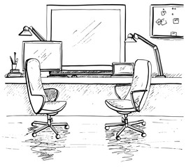 Fototapete - Sketch the room. Two office chairs, desk, various objects on the table. Sketch workspace. Desk facing the window. Vector illustration.