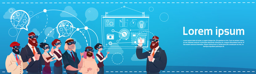 Poster - Business People Group Wear Virtual Reality Glasses Digital Interface Screen Presentation Seminar Flat Vector Illustration
