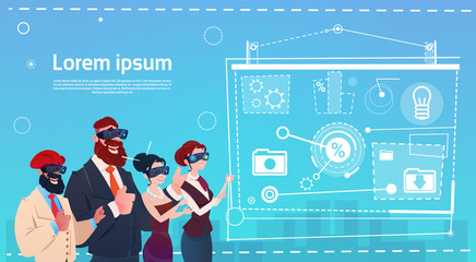 Poster - Business People Group Wear Virtual Reality Glasses Digital Interface Screen Presentation Seminar Flat Vector Illustration