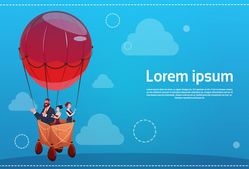 Poster - Business People Group Flying on Air Balloon Success Startup Concept Flat Vector Illustration