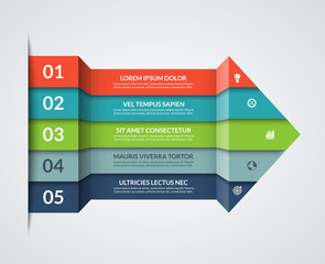 Modern minimalistic infographics. Big paper arrow of 5 colored horizontal strips. Can be used for graph, chart, step options, web design. Vector layout template