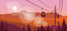 Cable Car Transportation Rope Way Over Mountain Hill Nature Background Banner With Copy Space Flat Vector Illustration