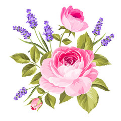 Spring flowers bouquet of color bud garland. Label with rose and lavender flowers. Vector illustration.